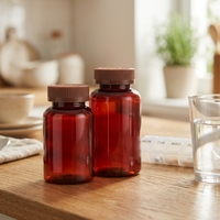 Bouteilles en plastique PET rondes ambrées, blanches et bleues de 200cc, 225cc, 250cc, 275cc, 300cc, 320cc pour compléments alimentaires, capsules et pilules