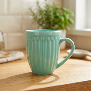 Mug à café en céramique turquoise, couleur unie, design côtelé, style moderne, pour usage domestique, compatible micro-ondes et lave-vaisselle - Product Image 1