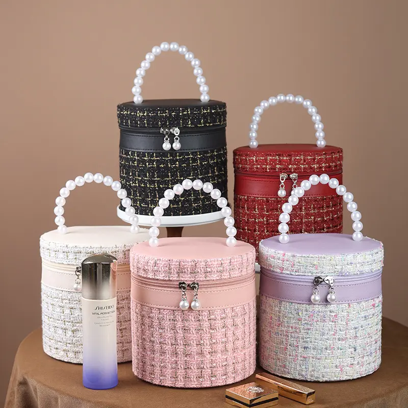 New Hot Selling Tweed Fabric Pearl Handle Portable Travel Cosmetic Bags Cases Toiletry Train Case Makeup Organizer Vanity Bag