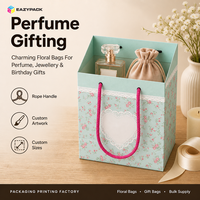 Sacs cadeaux écologiques personnalisés en gros, couleur vert-bleu mat, avec imprimé bouton de rose et nœud à carreaux mignon, pour la vente de parfums au détail