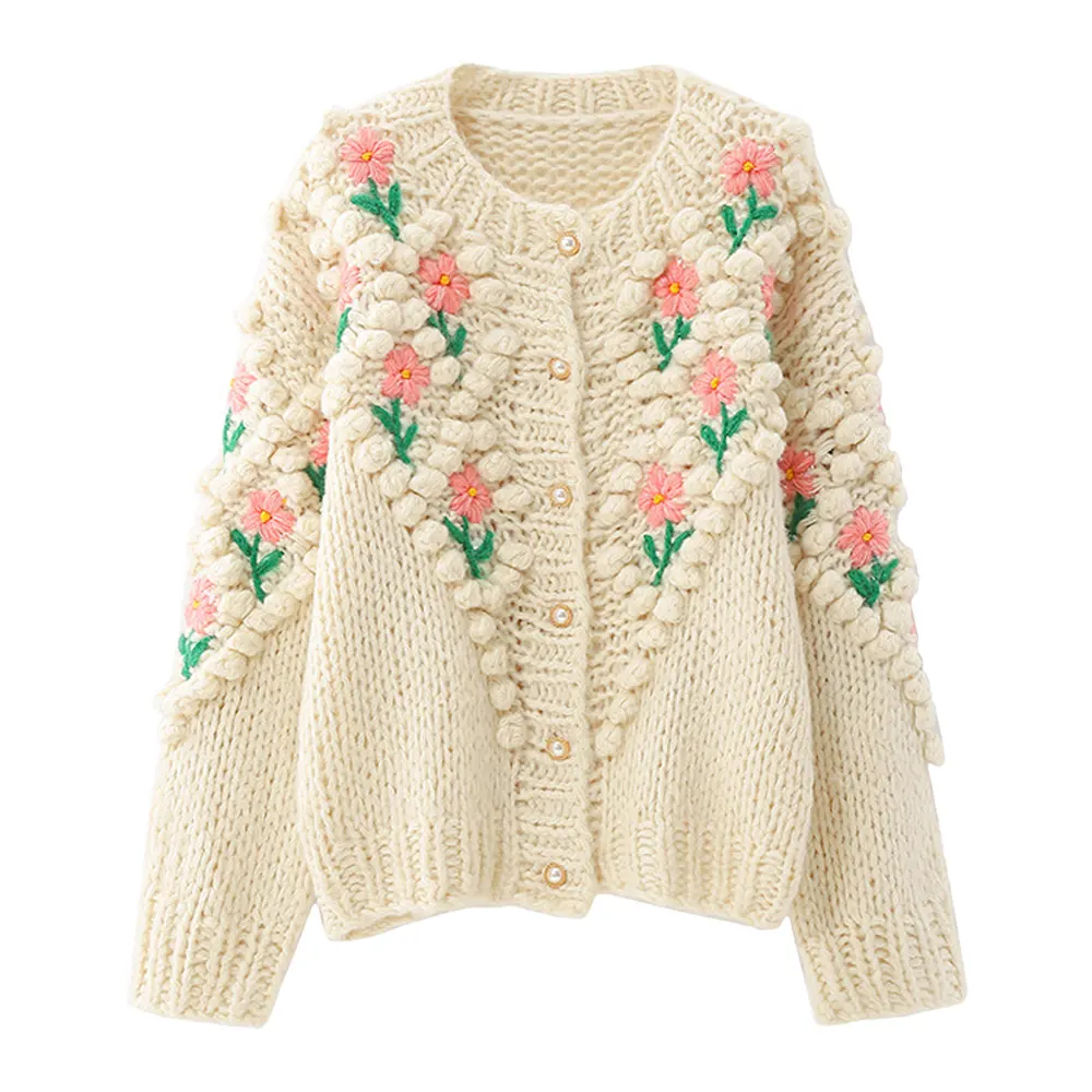 Fashion knitting sweater plus size embroidered cotton buttoned crochet woven warm cardigan women fuzzy sweater