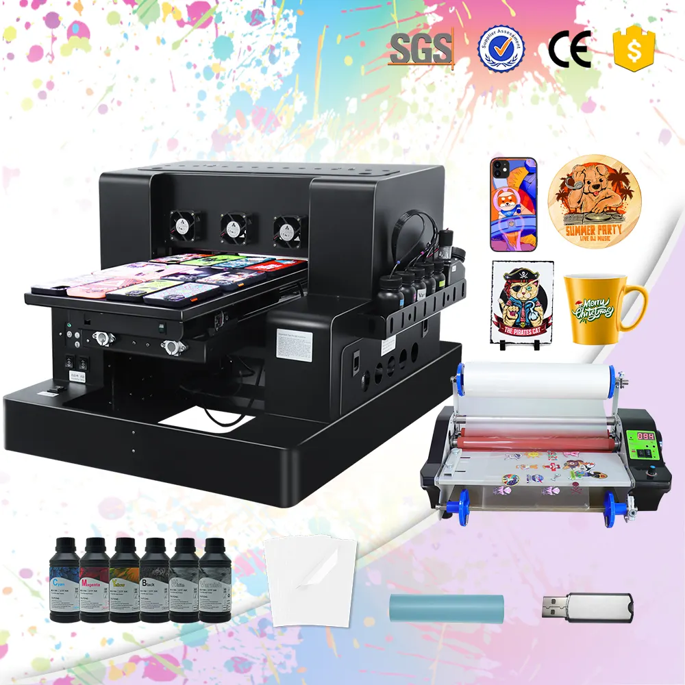 자동 A3 크기 UV DTF 프린터 애완 동물 필름 UV led 평판 인쇄 기계 (바니시 L805 헤드 포함)