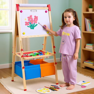 Tableau blanc magnétique en bois, tableau noir, chevalet d'art pour enfants, double face avec rangement pour le dessin, la peinture et l'apprentissage - Product Image 2