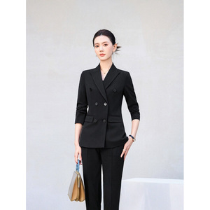 Women's Double-breasted Suit Set Gray Wool Blend Three Quarter Sleeve Formal <b>Work</b> Commuting Outfit Anti-wrinkle - Product Image 3