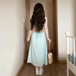 Summer 2025 Backless Long Dress Halter Neck Spaghetti Strap Dress Women Tight Waist Lattice Pattern Beach Vacation Casual Dress - Product Image 2