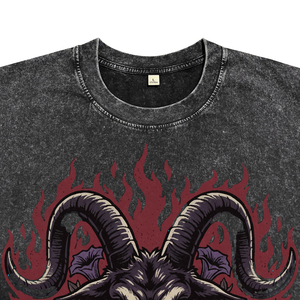 Camiseta de algodón transpirable negra con lavado ácido para hombre, estampado de cabra, cuello redondo, manga corta, ajuste regular, informal, para venta al por mayor - Product Image 3