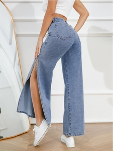 Summer New Women's High Waist Wide Leg Denim Pants Cotton Breathable Sexy Long Split Hem Straight Leg Fashion Jeans Pants - Product Image 5