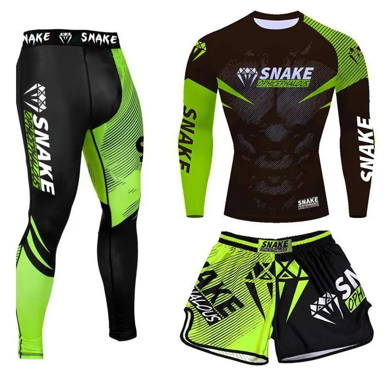 Pakaian olahraga pria, MMA Rashguard T-shirt + Celana 3 buah/set Muay Thai setelan Bjj Kickboxing pria Gym kompetisi olahraga pelatihan pakaian tempur