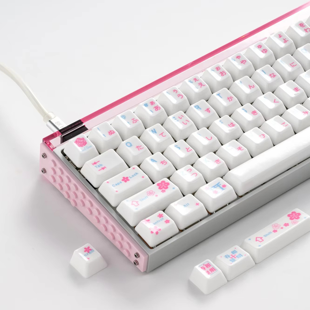 XVX Mild Spring Ceramic 120-Key Full Keycap Set Keyboard with Delicate Sakura Floral Design and Smooth Finish