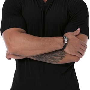 T-shirt de sport pour homme à col en V, manches courtes, fermeture éclair, côtelé, coupe classique, extensible, tricoté, respirant, imprimé - Product Image 2