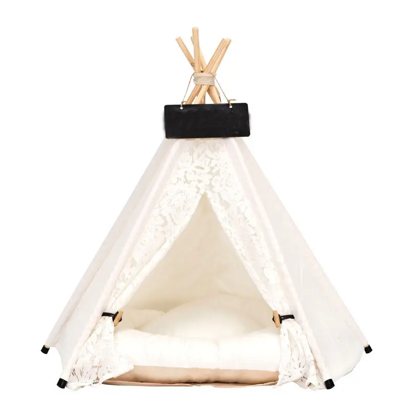 Amazon Hot Sale Portable Lace Canvas Wood Teepee Tent For Dogs Cute Dog Beds Washable Pet Accessories With Mat