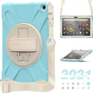 For Kindle Fire HD 10 2021 Perfect Colorful Thick Silicone Shockproof Tablet Cover With Neck Strap Rotate Handle Stand