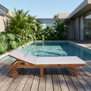 Modern Teak Wood Sun Lounger <b>Outdoor</b> Pool <b>Chair</b> <b>Reclining</b> Patio Furniture Coastal Style Durable Armless Design - Product Image 4