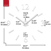 Horloge murale moderne 3D DIY à finition miroir, argentée, sans cadre, échelle simple, mouvement à quartz silencieux, décoration pour salon et chambre, 120 cm