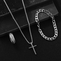 Desain Fashion Populer 3pcs/set Gelang Rantai Hitam Cincin Kalung Salib Hip Hop Perhiasan Punk untuk Pria Pesta