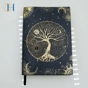 Carnet de notes en cuir PU noir avec pierres précieuses de guérison d'énergie positive naturelle, journal spirituel