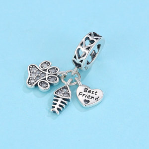 Breloque Chat Meilleur Ami en Argent S925 avec Pavé de Zirconium Cubique, Patte, Os de Poisson, Cœur, Triple Pendentif Creux pour Bijoux - Product Image 4