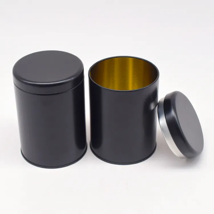 Оптовая продажа, воздухонепроницаемая пустая круглая черная цилиндрическая жестяная коробка для кофе, жестяная банка, металлический контейнер для чая с крышкой