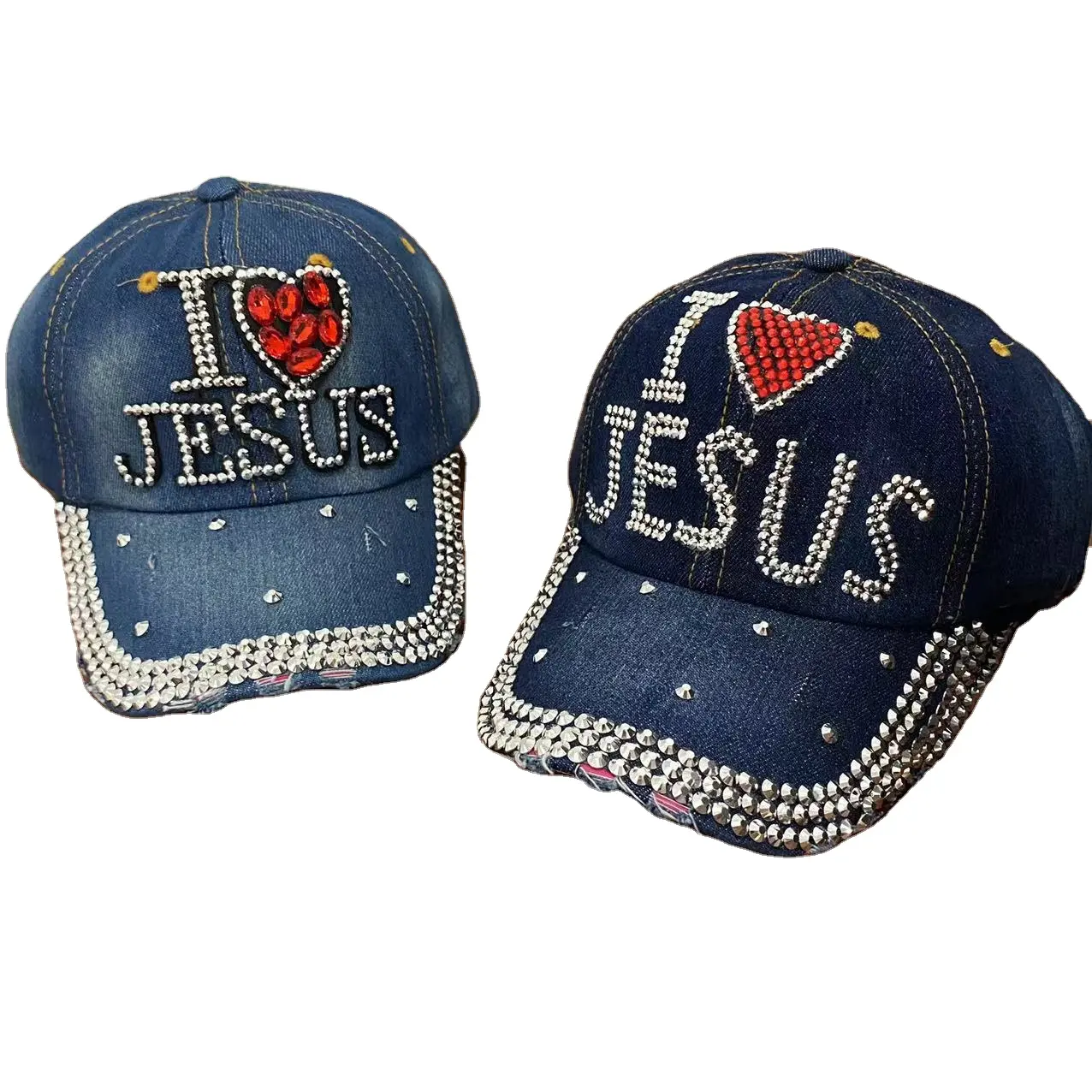 I love Jesus Crystal Denim Cap Washed Jean Baseball hat 2020102013