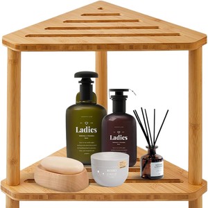 Étagère d'angle de salle de bain en bambou Jinyage Home Furnishings, tabouret de rangement à deux niveaux avec drainage pour la douche et le bain - Product Image 1