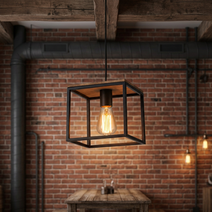 Round Adjustable Height Pendant <b>Light</b> <b>Black</b> Metal Wood Frame Bell <b>Shade</b> E27 LED Bulb Farmhouse Style Ceiling Fixture - Product Image 3