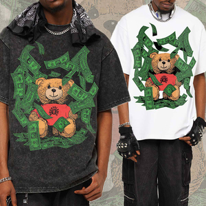 Camiseta de manga corta para <span class=keywords><strong>hombre</strong></span>, estilo vintage americano, lavada, de peso pesado, con estampado directo, diseño de oso de peluche transfronterizo - Product Image 1