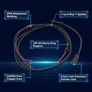 Kabel Splitter Daya DC Universal 5.5x2.1mm 1 ke 2 Jalur Tipe Y 12V 5A IP68 Tahan Air Tembaga untuk CCTV LED Strip Luar Ruangan Mobil - Product Image 2