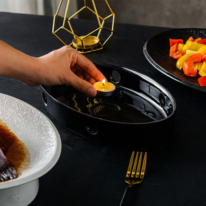 Plato de Cerámica Elíptico Estilo Americano para Calentar Alimentos, Plato para Pescado con Diseño de Flor de Loto, Plato Especial con Aislamiento Térmico - Product Image 3