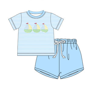 BSSO1971 Tenues personnalisées pour petit garçon, imprimé chiot bleu, vente en gros pour enfants, ensemble à manches courtes pour tout-petit - Product Image 3