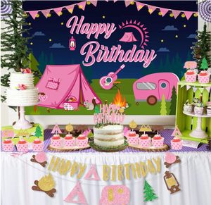 Guirlande de bannière suspendue pour fête d'anniversaire de fille, thème <span class=keywords><strong>camping</strong></span>, décoration de fond, affiche, ballons en latex à hélium, décorations de gâteaux et cupcakes - Product Image 4