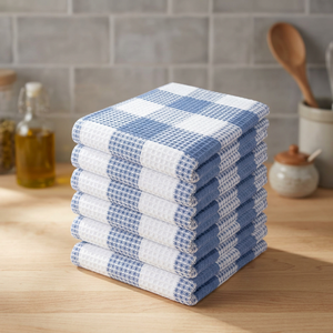 Serviettes de cuisine écologiques à carreaux 100% coton, rectangulaires, tissées, bleu et blanc, lavables en machine - Product Image 1