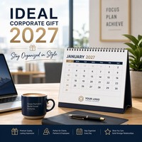 Calendrier de table en papier 2027, planificateur annuel personnalisé, impression UV pour cadeau d'entreprise, haute qualité, directement de l'usine, avec horloge
