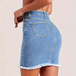 <span class=keywords><strong>Jupe</strong></span> en <span class=keywords><strong>jean</strong></span> taille haute coupe droite pour femme, en coton lavé respirant, longueur genou, style sexy, avec pompons, pour l'été - Product Image 2