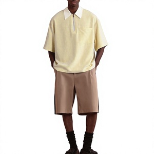 Polo Homme Personnalisé à Rayures Jaunes avec Logo, Manches Courtes, Poche, Design Demi-Zip Tissé Décontracté, Grande Taille - Product Image 4