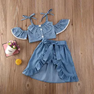 New Born Pakaian Butik Bayi Perempuan, Jumpsuit Atasan Denim Motif Polka Dot Tiga Potong Sling, Pakaian Musim Semi dan Celana Jeans