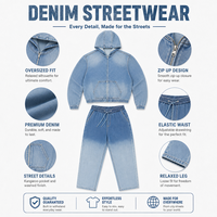 Ensemble streetwear pour homme, veste à capuche zippée oversize en denim délavé dégradé et jean baggy à taille élastique avec cordon de serrage
