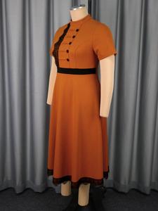 Abito Casual <span class=keywords><strong>da</strong></span> Donna Vintage a Contrasto Colore, Maniche Corte, Patchwork in Pizzo, Marrone, Linea ad A, Taglie Forti, Lunghezza <span class=keywords><strong>Midi</strong></span>, Formale per Chiesa - Product Image 5