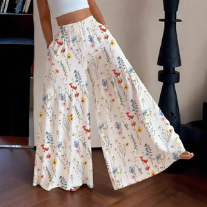 Pantalon droit décontracté pour femme, taille haute, ample, à taille élastique, fin, à jambe large, élégant, amincissant, polyvalent, motif floral féerique, Été 2026 - Product Image 2