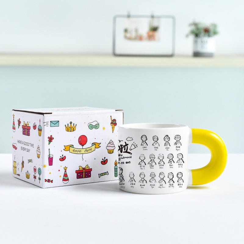 Matte white chubby cup with yellow handle cartoon color box