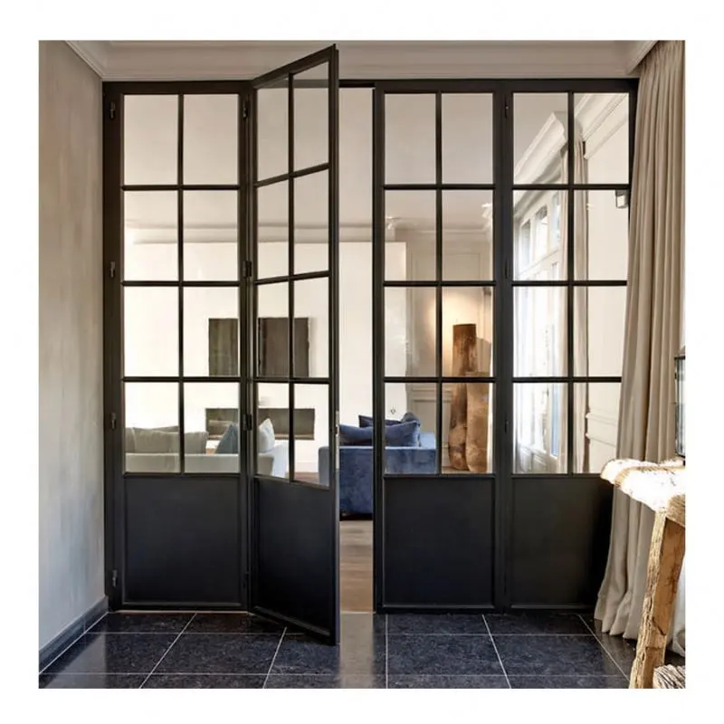 Puerta de entrada de hierro forjado y vidrio, puertas delanteras abatibles de mano derecha, puerta francesa de doble entrada negra
