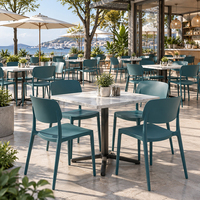 Chaises de salle à manger empilables en PVC, table ronde en bois vert sarcelle, base en métal noir, restaurant, bistrot, personnalisable, fabricant OEM Chine