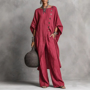 Ensemble de costume chemise irrégulière pour femme, tenue décontractée avec pantalon en lin, tailles SMLXLXXL3XL4XL5XL, style mode Europe-Amérique - Product Image 3