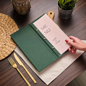 Couverture de menu en tissu de type pliant innovant impression personnalisée Restaurant bar signe texte hôtel restauration <span class=keywords><strong>porte</strong></span>-menus en lin à encliqueter - Product Image 6
