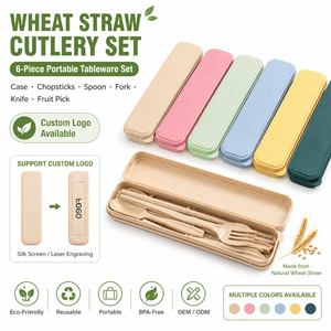 Juego de cubiertos portátiles de paja de trigo, utensilios de viaje ecológicos, cuchara, tenedor y palillos reutilizables con estuche, <span class=keywords><strong>vajilla</strong></span> sin BPA - Product Image 3