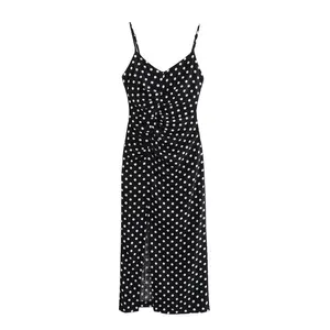 Taop & Za 2023 Nieuwe Zwarte Sexy Split Jurk Linnen Gemengde Stof Fijne Sling Polka Dot Jurk Vestidos Mujer 7812606