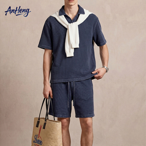 Conjunto de Polo de Punto Waffle de 235g para Hombre, Mezcla de Algodón Premium, Camiseta de Manga Corta y Pantalones Cortos, Estilo Vintage Lavado, Atuendo Casual de Verano - Product Image 1