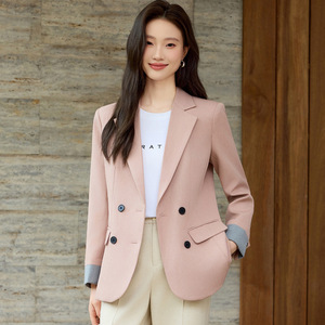 Women's Black Casual Blazer Double <b>Button</b> Solid Color Anti-Wrinkle Worsted Spring Autumn Plus Size <b>Suit</b> Top - Product Image 2