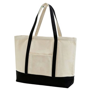 Color Block Stitched Cotton <b>Canvas</b> Bag Sturdy Large Capacity Front Pocket Handbag for <b>Beach</b> Vacation Trip - Product Image 1