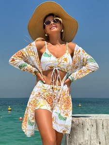 European and American Foreign Trade Swimwear Women's Split Three Piece Set High Waist Long Sleeve Hoodie Internet <b>Red</b> - Product Image 5