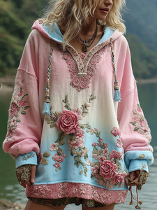 <span class=keywords><strong>Felpa</strong></span> con Cappuccio Personalizzata in Stile Boho per Donne, con Applicazioni Floreali 3D, Perline Ricamate, Lavaggio Acido, Cotone Effetto Vissuto, Vestibilità Ampia - Product Image 3
